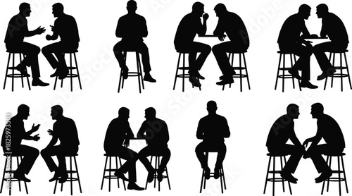 Silhouettes of two men sitting and talking on stools, discussing ideas, communication and conversation poses for business, counseling and meeting design