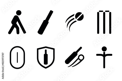 Minimalist cricket icons for sports design: bats, balls, wickets, and players