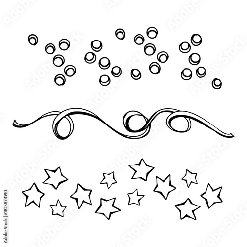 Hand-drawn Christmas elements set: berries, stars and swirling ribbon. Great for festive compositions, cards, packaging, patterns, decorative borders and winter graphic design projects.