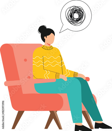 Woman sitting in chair feeling stressed with scribble thought bubble, mental health anxiety concept illustration, emotional stress and depression symbol
