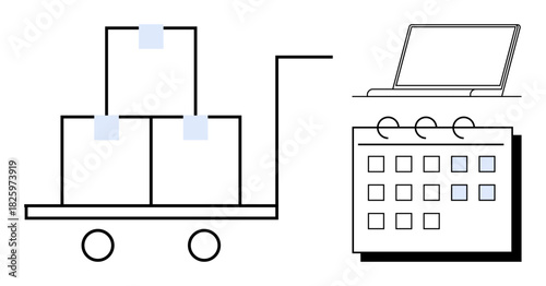 Parcel-loaded trolley paired with laptop and calendar. Ideal for logistics, scheduling, delivery planning, warehouse operations, inventory, supply chain, shipping strategies. Simple flat metaphor