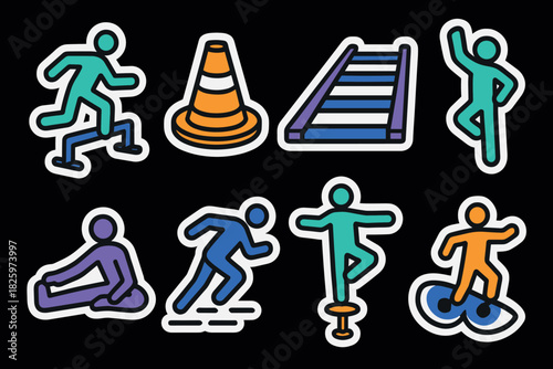 Dynamic exercise icons with sport elements on black background