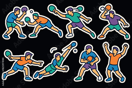 Dynamic sports stickers: table tennis and volleyball athletes in action