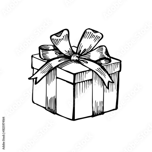 Hand-drawn vintage gift box illustration with an elegant ribbon bow. Perfect for Christmas designs, festive branding, greeting cards, packaging concepts, stickers and decorative holiday projects.