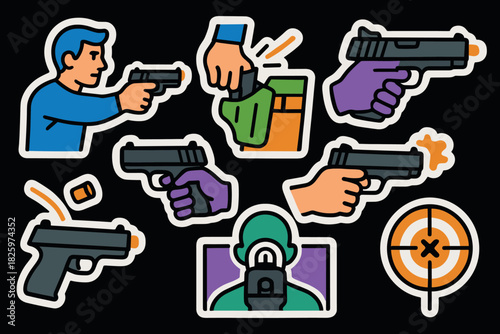 Sticker style shooting and firearm icons with bullseye and target elements