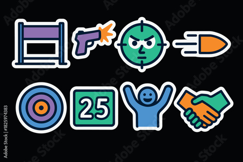 Colorful icon set featuring target, shooting, and gun designs in modern style