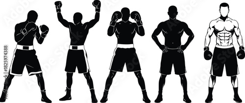 Boxer silhouettes training and posing with gloves, strong male athlete figures, boxing stance, muscular fighter illustration for sports fitness design