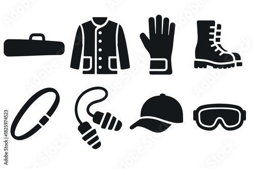 Outdoor adventure gear silhouette set featuring jacket, boots, gloves, goggles, hat, and accessories