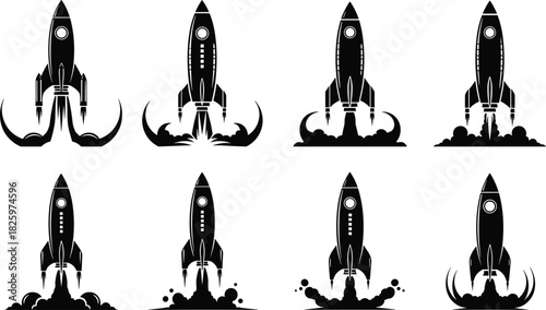 Collection of black rocket launch silhouettes showing ignition, smoke, flames, startup stages, space travel concepts and futuristic spacecraft illustration designs