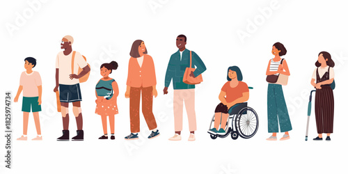 Diverse group of people standing together including disability and different ethnicities