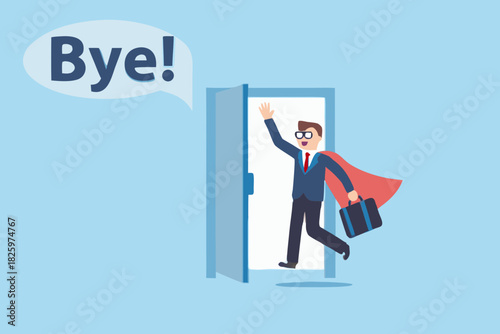 Superhero businessman leaving office waving goodbye with cape and briefcase