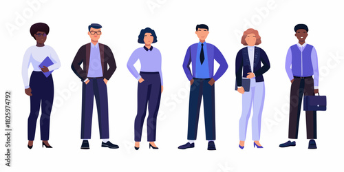 Diverse group of business professionals standing together on a white background