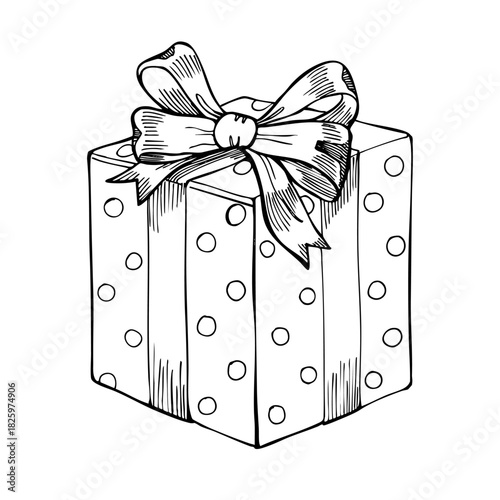Hand-drawn vintage gift box illustration with an elegant ribbon bow. Perfect for Christmas designs, festive branding, greeting cards, packaging concepts, stickers and decorative holiday projects.