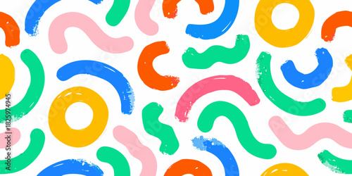 Colorful brush stroke shapes seamless pattern on white background
