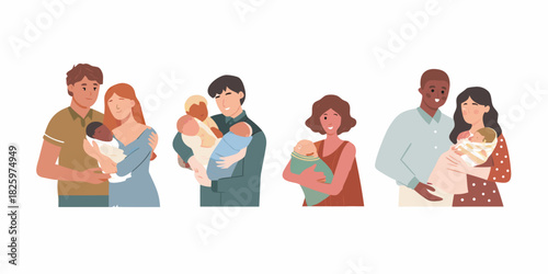 Diverse families holding newborn babies representing love and parenthood on white