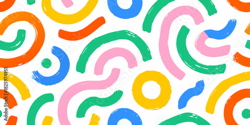 Colorful brushstroke pattern with arcs and circles on white background