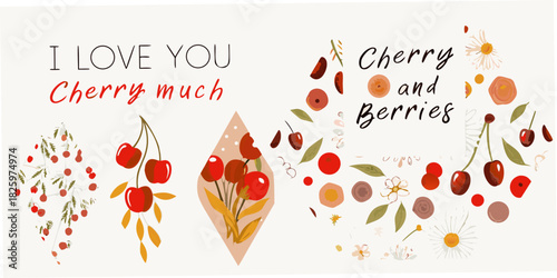 Whimsical cherry and berry illustration with romantic message for valentine s day