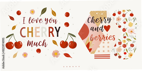 Cute cherry and berries themed illustration with floral elements