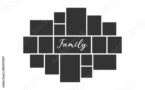 Frame layout for photo and brand grid with card illustration in black. This mosaic template works for moodboard or collage picture in a minimal design.