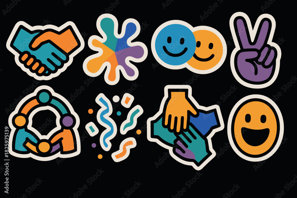Fototapeta premium Vibrant emoji stickers with hand gestures and smiley faces on black background