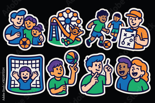 Family and friends enjoying sports and games in playful cartoon style