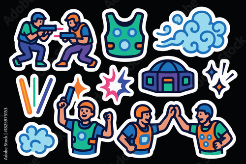 Laser tag adventure stickers with characters, arenas, and gear in colorful cartoon style