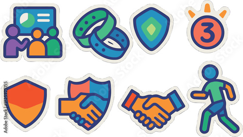 Vibrant business and security icon set featuring shields and handshakes