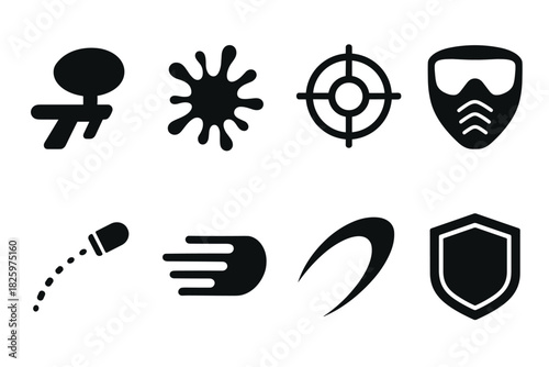 Minimalist tactical icons set featuring masks, targets, and shields