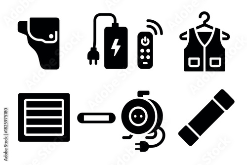 Set of black tool icons: holster, charger, remote, vest, vent, reel, connector