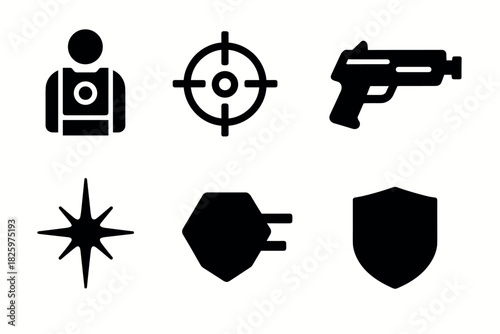 Silhouette icons set: target, gun, star, plug, shield, bulletproof vest