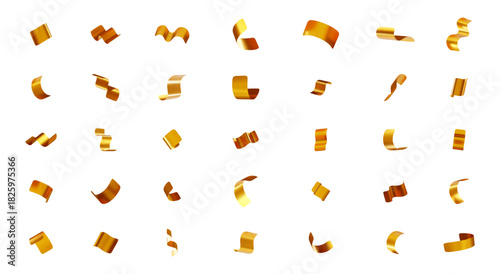 3D Many golden confetti pieces falling. Gold festive decoration for celebration event. Shiny ribbon elements for Christmas, New Year, party. Vector illustration