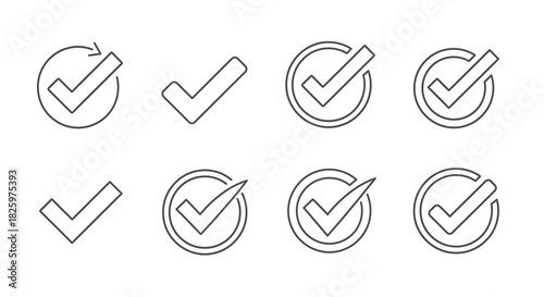 Collection of check-mark line icons for approval and verification