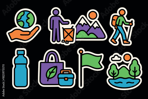 Sustainable outdoor adventure icons for eco-friendly activities and hiking enthusiasts