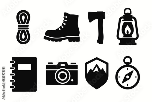 Silhouette adventure gear icons: boots, compass, camera, and more
