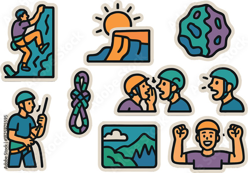 Rock climbing patch set with climbers, helmet, knot, mountain, sun