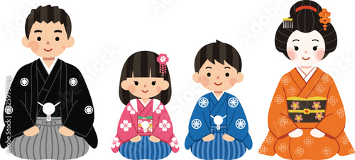 Cute Japanese family wearing traditional kimono clothing, including parents and children in formal attire for cultural festival, celebration and illustration design