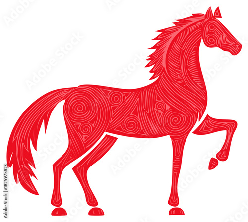 Stylized red horse silhouette with decorative folk art patterns