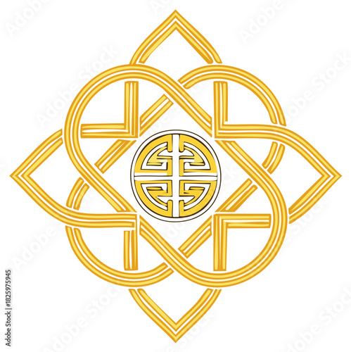 Golden endless knot illustration, cultural symbolism emblem of good luck and fortune in traditional asian style
