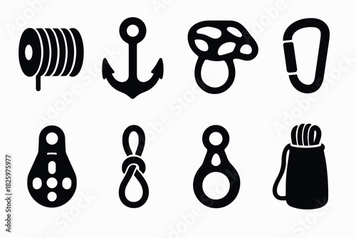 Climbing gear icons set: rope, anchor, carabiner, knot, flat silhouette style