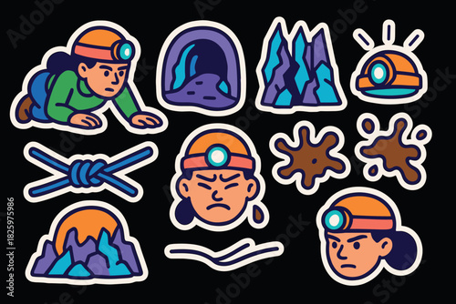 Colorful cartoon stickers of caves and caving adventure elements