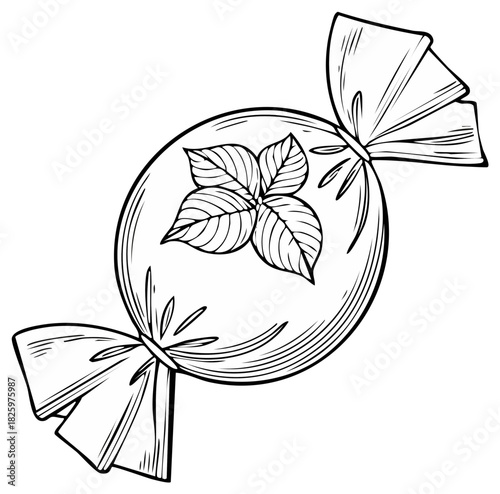 Hand Drawn Sketch of a Wrapped Candy with Leaf Pattern