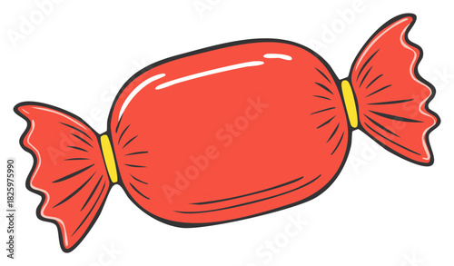 Vibrant red wrapped candy confection illustration featuring twisted yellow ends and a glossy finish