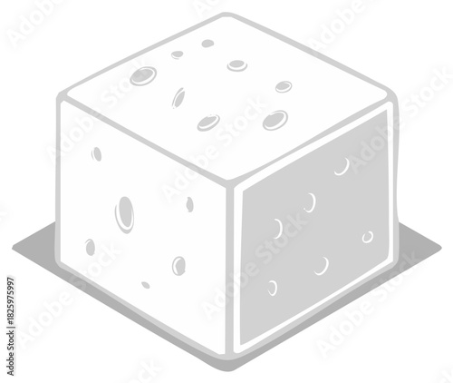 Isometric view of a cube with various holes in a cartoonish illustration style