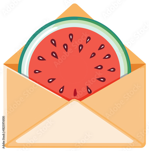 Illustration of a slice of watermelon peeking out of an open envelope