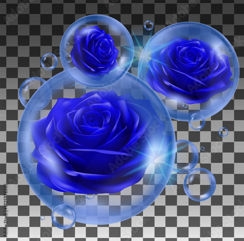 Blue roses in bubbles background  Ideal fresh laundry scent perfume advertising luxurious detergent promotion Emphasizes clean fragrant rose essence.