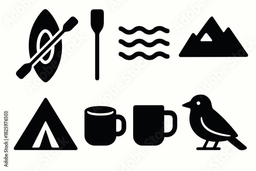 Outdoor adventure icons set: kayak, camping, coffee, mountain, bird, minimalist design