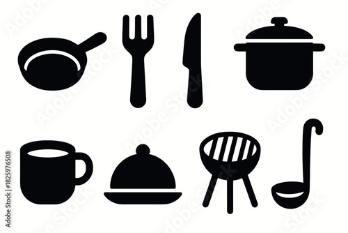 Silhouette kitchen utensils set: pots, pans, cutlery, and grill icons collection