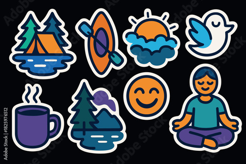 Outdoor adventure and relaxation icons in vibrant colorful style