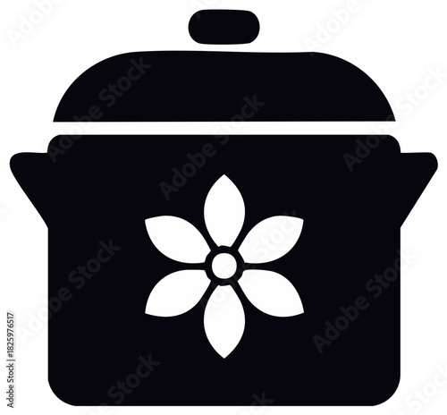 Black and white icon of a pot with a flower design
