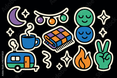 Cozy camping vibes with retro elements and playful cartoon icons